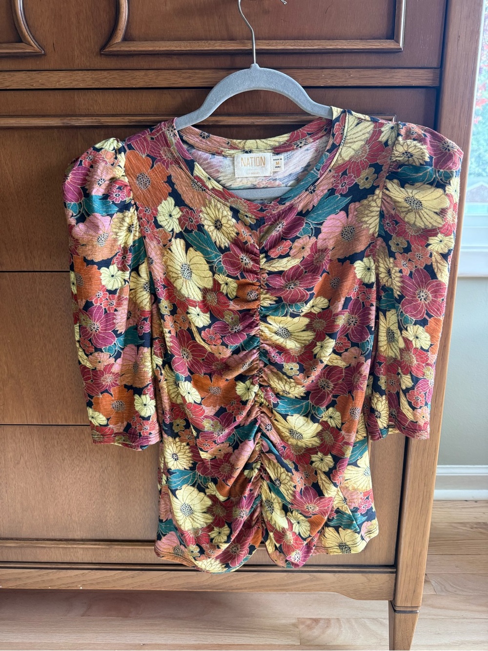 Nation LTD Floral Ruched Scoop Neck Top in Yellow, Rust, Green and Pink
